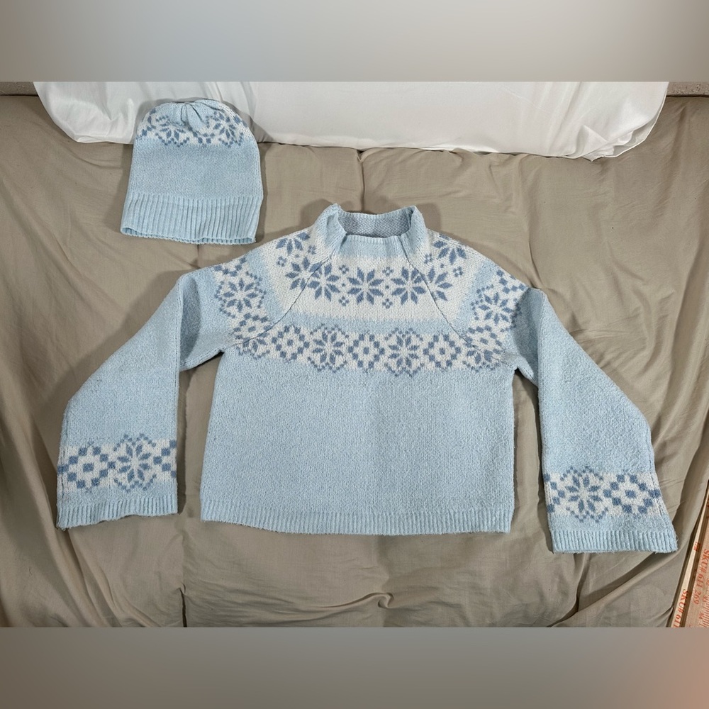 No Boundaries Fairisle Jacquard Pullover Beanie Set 2-Piece Icy Teal Oversized M